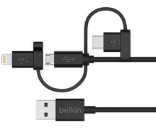 Charger l&#39;image dans la galerie, Câble universel Belkin avec connecteurs micro-USB, USB-C et Lightning, noir
