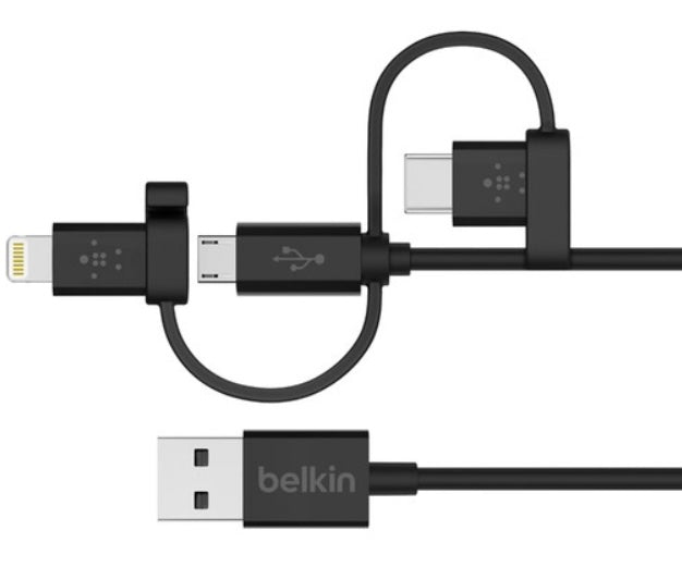 Câble universel Belkin avec connecteurs micro-USB, USB-C et Lightning, noir