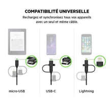 Charger l&#39;image dans la galerie, Câble universel Belkin avec connecteurs micro-USB, USB-C et Lightning, noir
