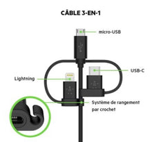 Charger l&#39;image dans la galerie, Câble universel Belkin avec connecteurs micro-USB, USB-C et Lightning, noir
