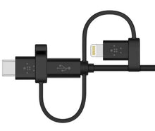 Charger l&#39;image dans la galerie, Câble universel Belkin avec connecteurs micro-USB, USB-C et Lightning, noir
