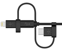 Charger l&#39;image dans la galerie, Câble universel Belkin avec connecteurs micro-USB, USB-C et Lightning, noir
